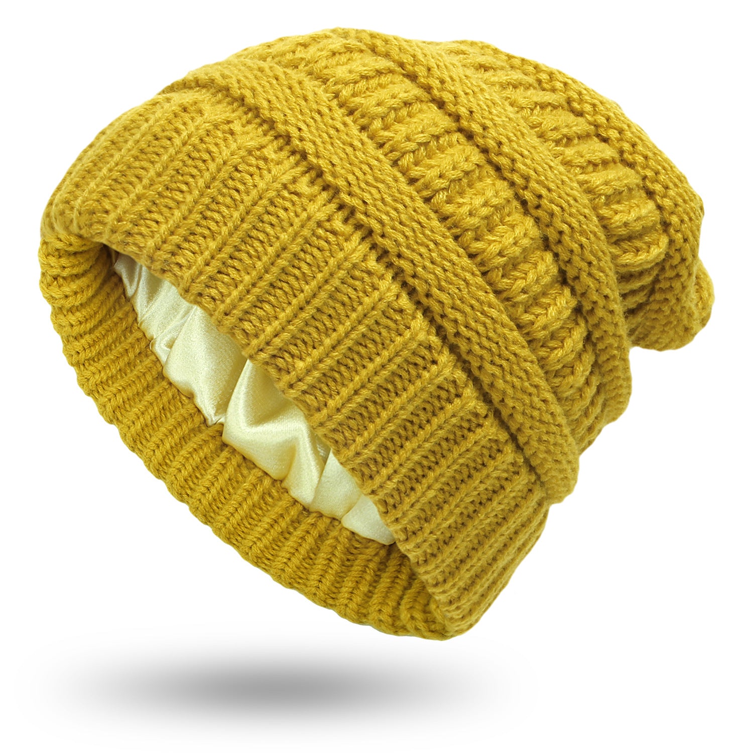 bonnet satin soë beanie jaune moutarde